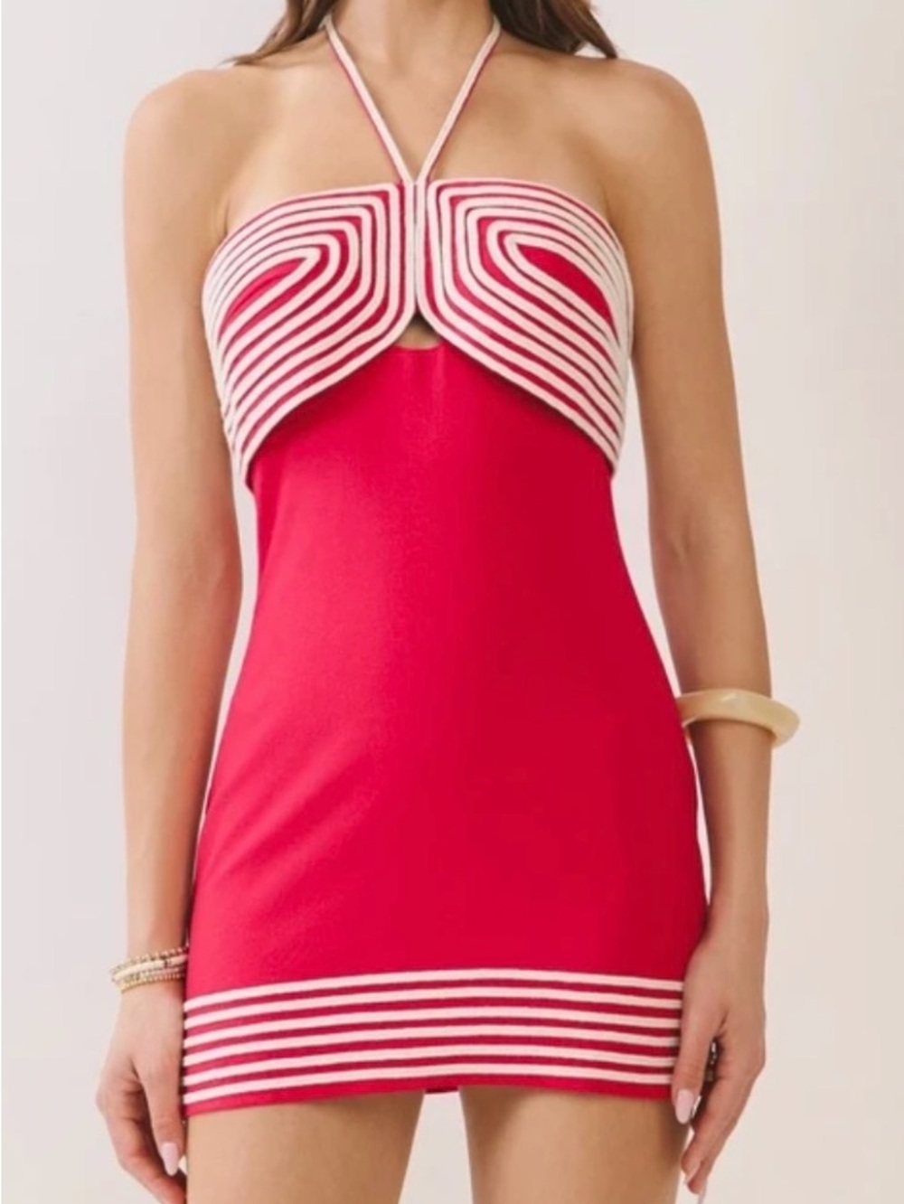 Red and White Halter Mini Dress with White Stripe Detail